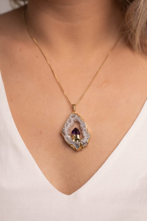 Colar Ágata com ponta de Ametista folheado em ouro 18k
