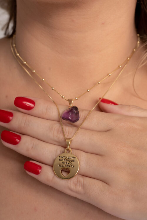 Conjunto Choker Ametista + Colar Ho'oponopono folheado em ouro 18k