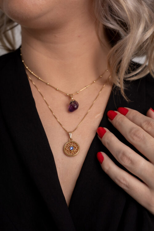 Conjunto Choker Ametista + Colar Olho Grego folheado em ouro 18k