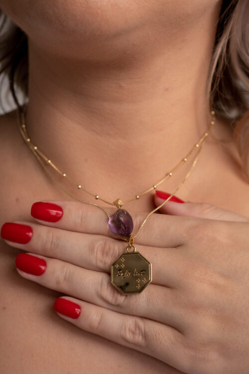 Conjunto Choker Ametista + Colar Seja Luz folheado em ouro 18k