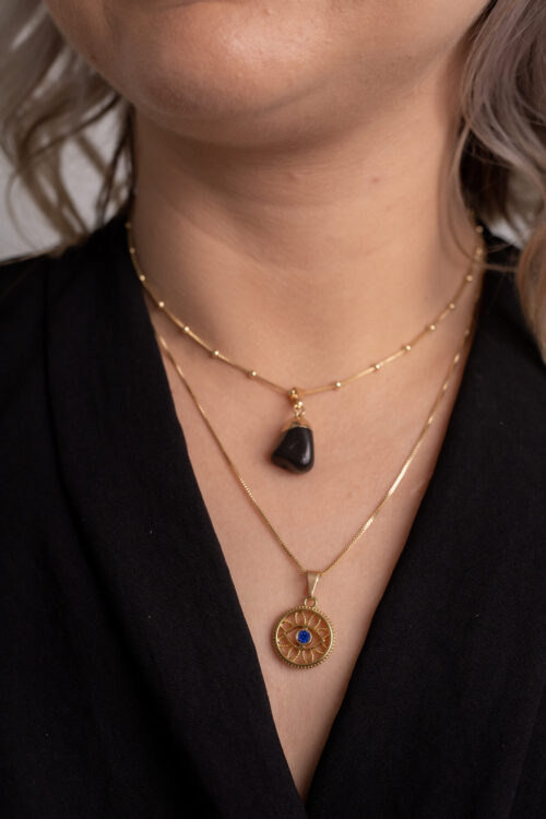 Conjunto Choker Obsidiana Negra + Colar Olho Grego folheado em ouro 18k