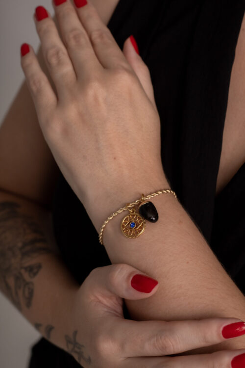 Pulseira Entrelaçada Olho Grego com Obsidiana Negra folheada em ouro 18k