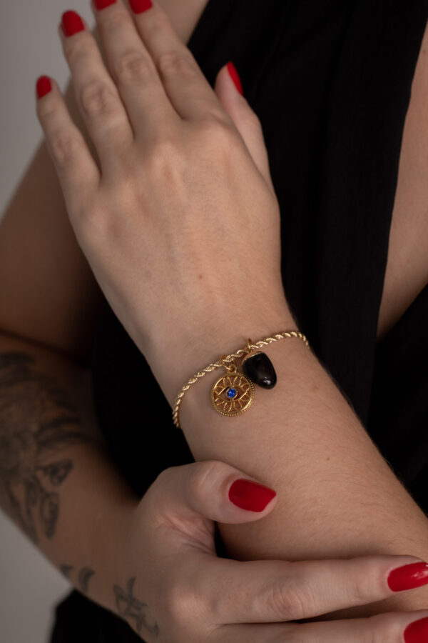 Pulseira Entrelaçada Olho Grego com Obsidiana Negra folheada em ouro 18k