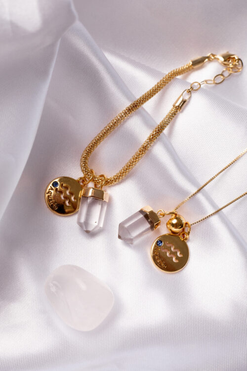 Kit 2 Peças Signo de Aquário - Pulseira + Colar Cristal folheado em ouro 18k