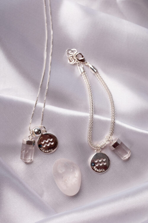 Kit 2 Peças Signo de Aquário - Pulseira + Colar Cristal folheado em prata
