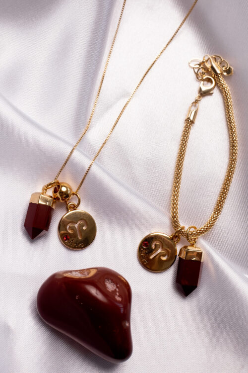 Kit 2 Peças Signo de Áries - Pulseira + Colar Jaspe Vermelha folheado em ouro 18k