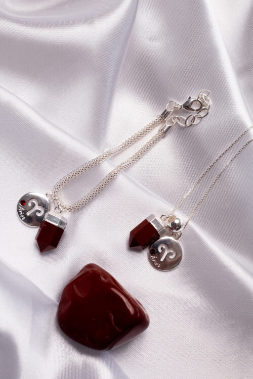 Kit 2 Peças Signo de Áries - Pulseira + Colar Jaspe Vermelha folheado em prata