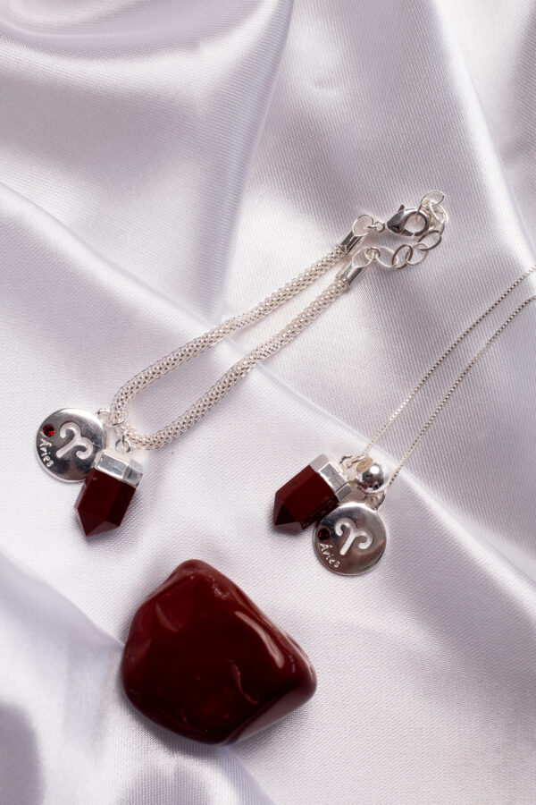 Kit 2 Peças Signo de Áries - Pulseira + Colar Jaspe Vermelha folheado em prata