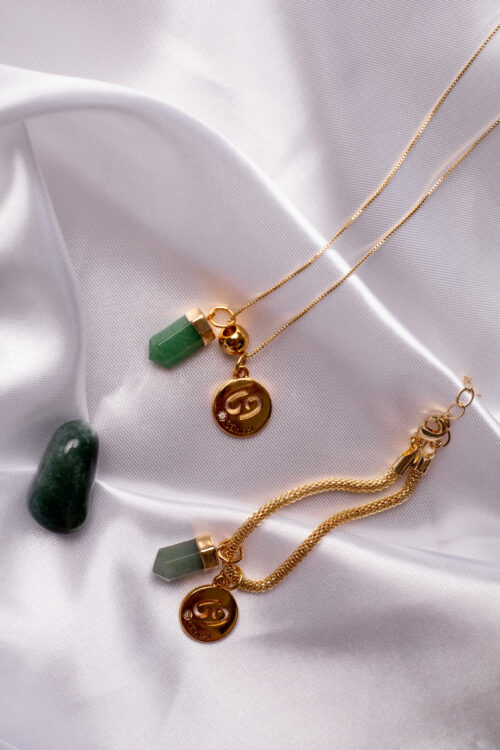Kit 2 Peças Signo de Câncer - Pulseira + Colar Quartzo Verde folheado em ouro 18k