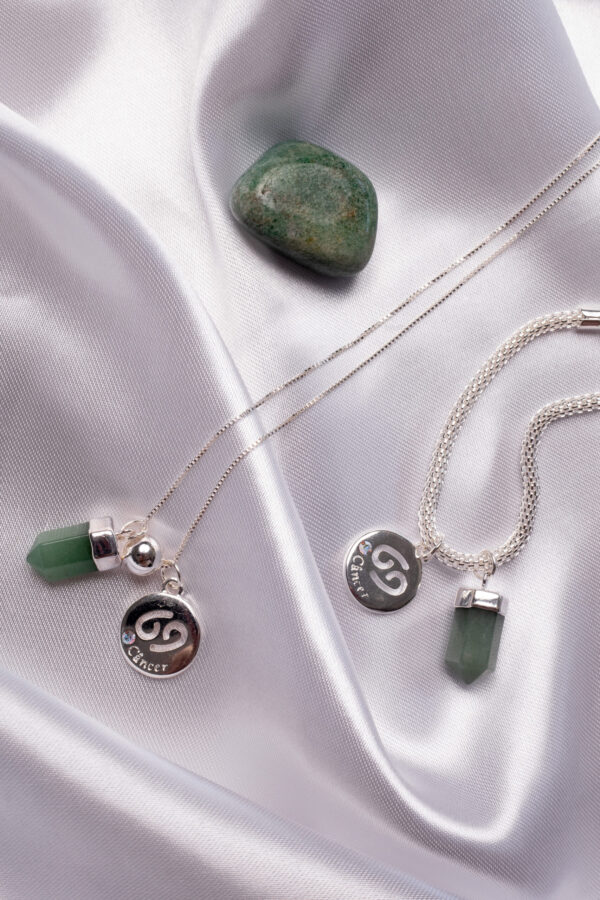 Kit 2 Peças Signo de Câncer - Pulseira + Colar Quartzo Verde folheado em prata