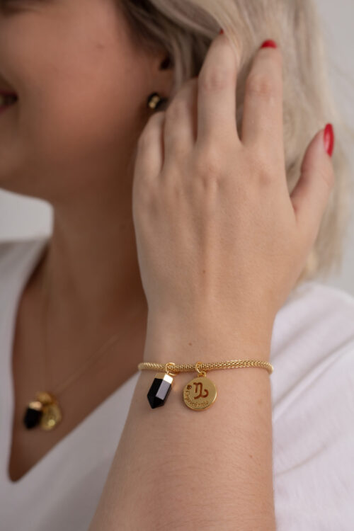 Pulseira folheada em ouro 18k Signo de Capricórnio - Obsidiana