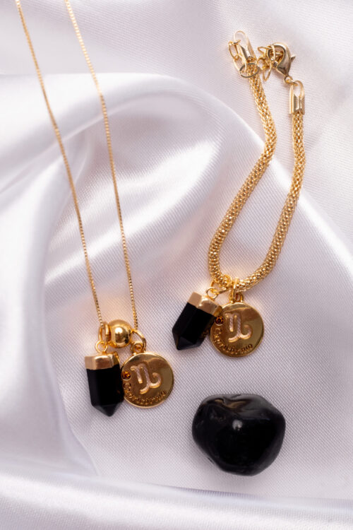 Kit 2 Peças Signo de Capricórnio - Pulseira + Colar Obsidiana folheado em ouro 18k