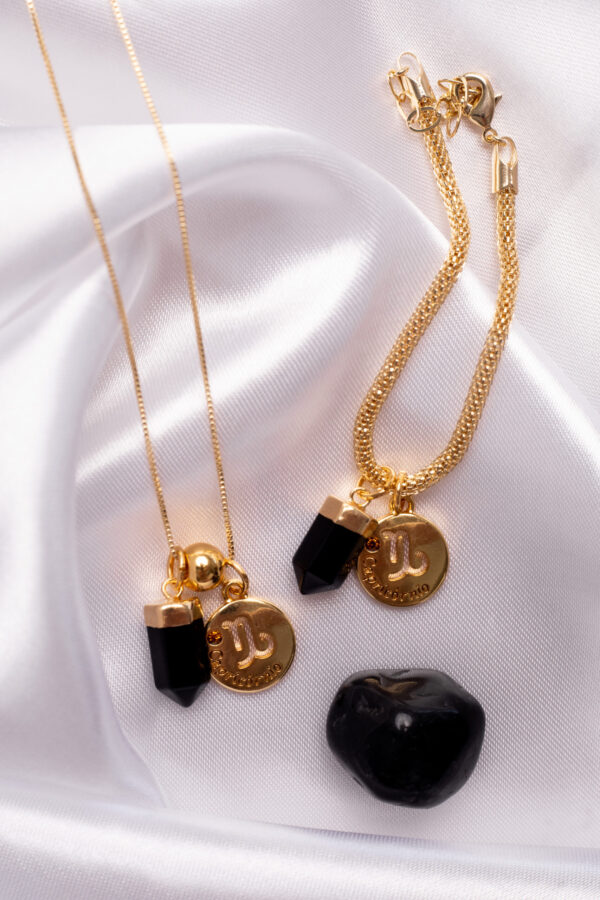 Kit 2 Peças Signo de Capricórnio - Pulseira + Colar Obsidiana folheado em ouro 18k