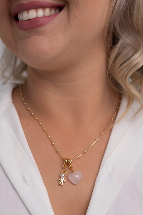 Colar Coleção Amor de Mãe Quartzo Rosa + Menino folheado em ouro 18k