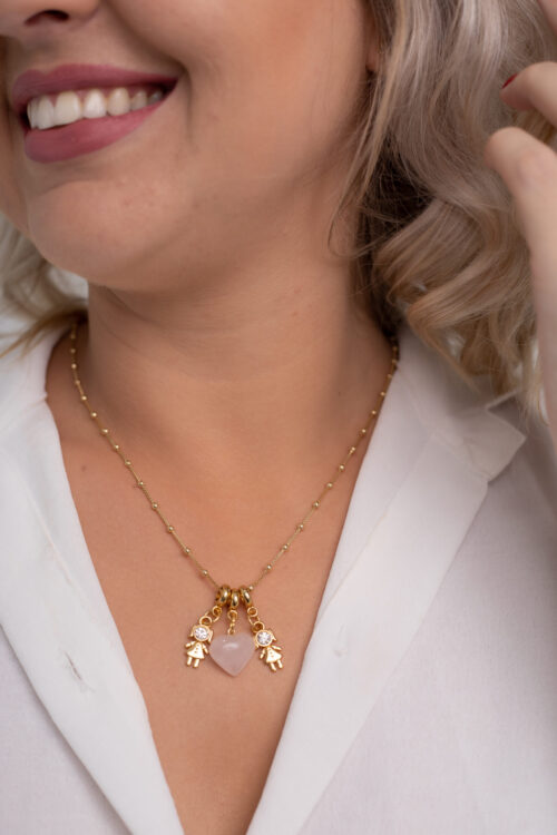Colar Coleção Amor de Mãe Quartzo Rosa + 2 Meninas folheado em ouro 18k
