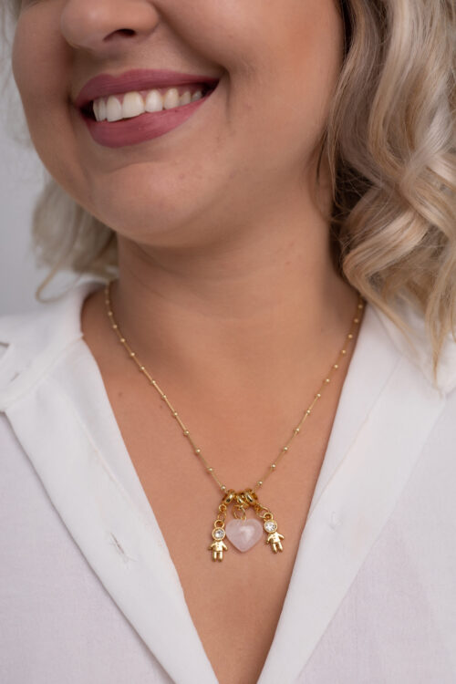 Colar Coleção Amor de Mãe Quartzo Rosa + 2 Meninos folheado em ouro 18k