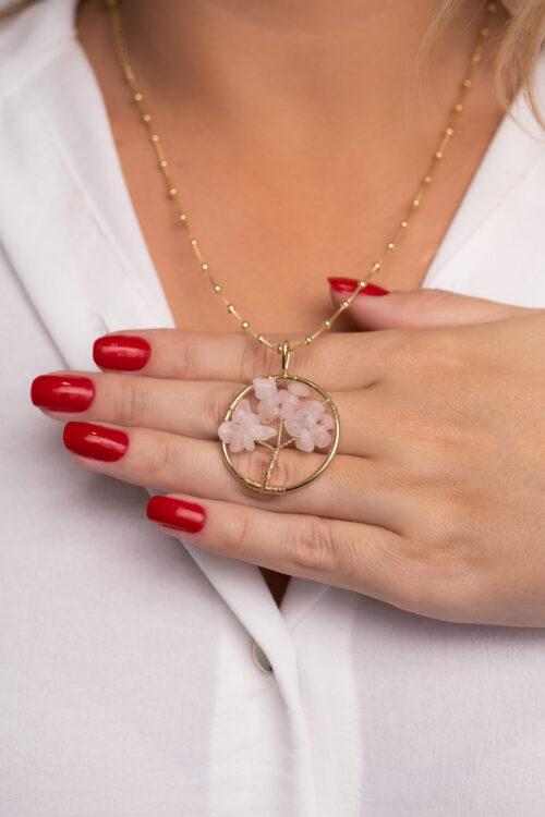 Colar bolinha Quartzo Rosa Árvore da Vida folheado em ouro 18k