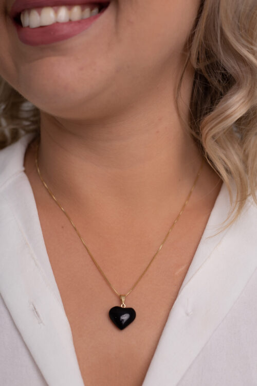 Colar Proteção com Obsidiana Negra em Coração P folheado em ouro 18k