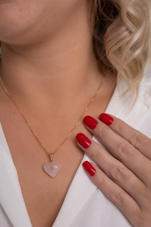 Colar 18k Amor com Quartzo Rosa em Coração P folheado em ouro 18k