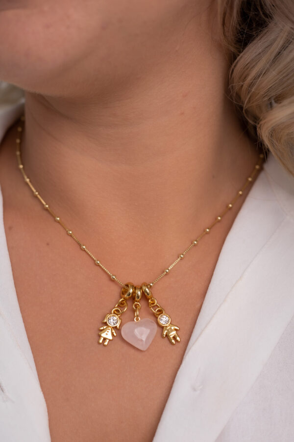 Colar Coleção Amor de Mãe Quartzo Rosa + Menino e Menina folheado em ouro 18k - Imagem 2