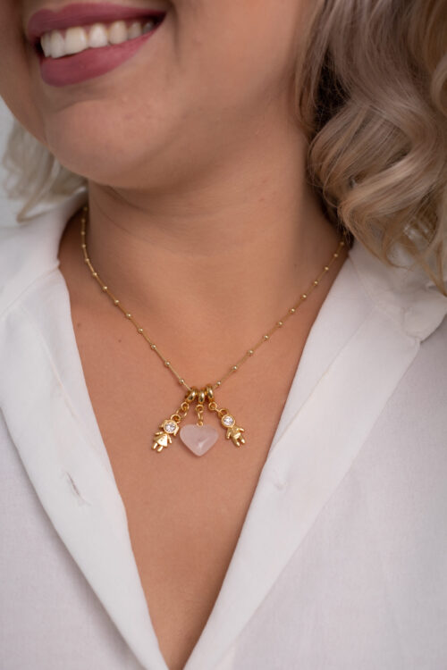 Colar Coleção Amor de Mãe Quartzo Rosa + Menino e Menina folheado em ouro 18k