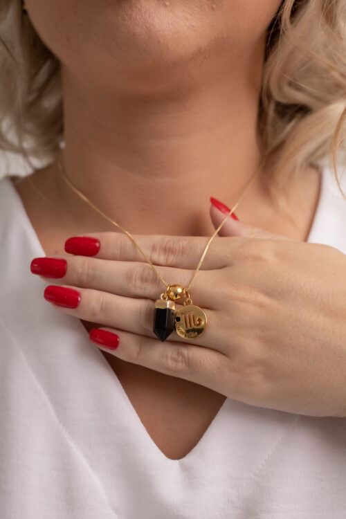 Colar folheado em ouro 18k Signo de Escorpião - Obsidiana