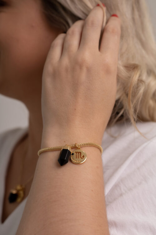 Pulseira folheada em ouro 18k Signo de Escorpião - Obsidiana
