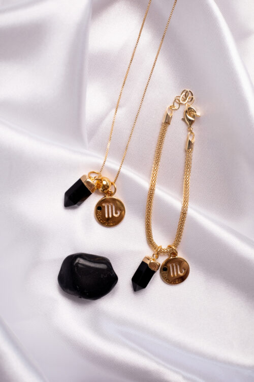 Kit 2 Peças Signo de Escorpião - Pulseira + Colar Obsidiana folheado em ouro 18k