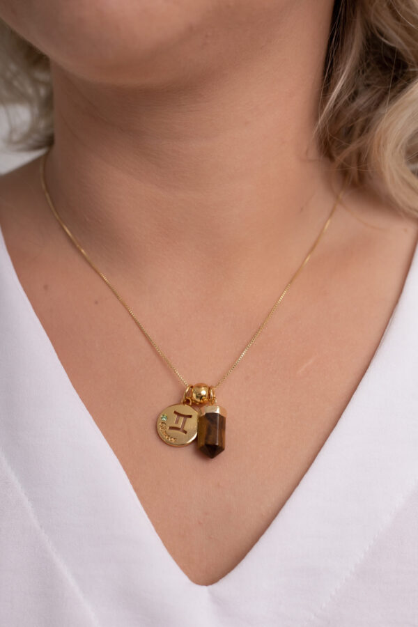 Kit 2 Peças Signo de Gêmeos - Pulseira + Colar Olho de Tigre folheado em ouro 18k - Imagem 3