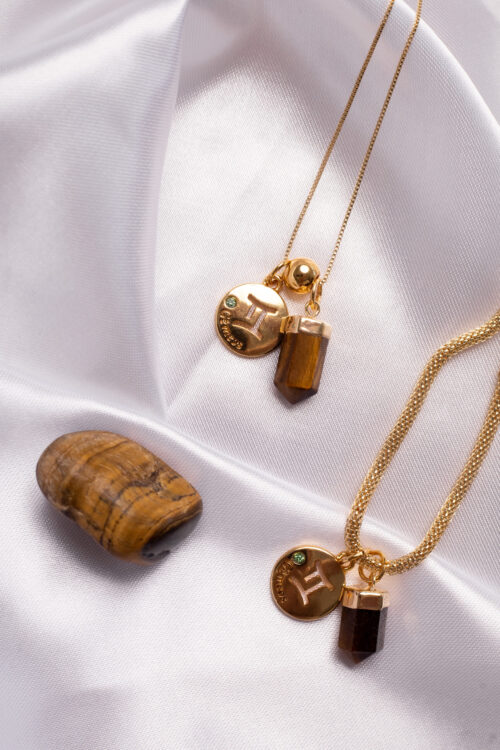 Kit 2 Peças Signo de Gêmeos - Pulseira + Colar Olho de Tigre folheado em ouro 18k