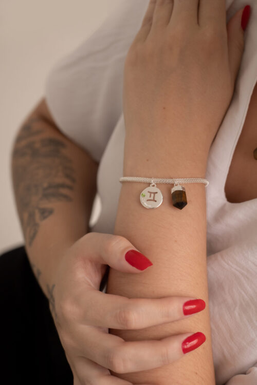 Pulseira folheada em prata Signo de Gêmeos - Olho de Tigre