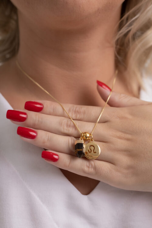 Colar folheado em ouro 18k Signo de Leão - Olho de Tigre