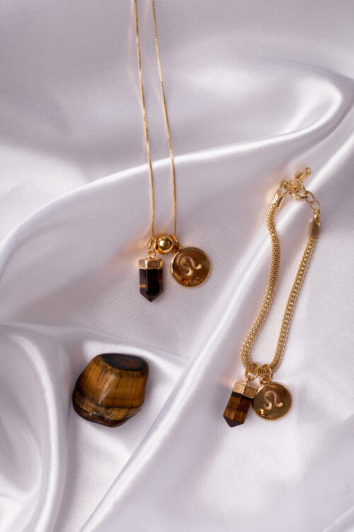Kit 2 Peças Signo de Leão - Pulseira + Colar Olho de Tigre folheado em ouro 18k