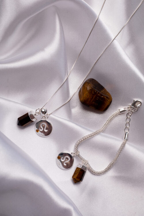 Kit 2 Peças Signo de Leão - Pulseira + Colar Olho de Tigre folheado em prata