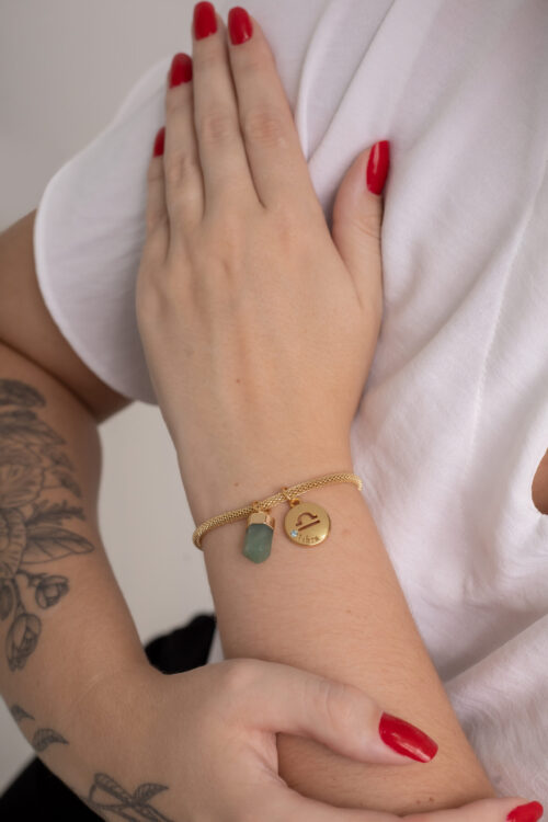 Pulseira folheada em ouro 18k Signo de Libra - Quartzo Verde