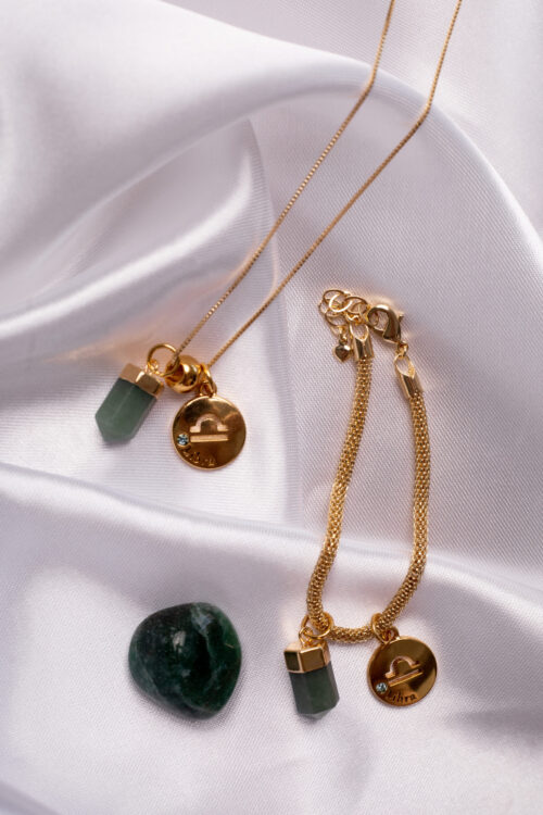 Kit 2 Peças Signo de Libra - Pulseira + Colar Quartzo Verde folheado em ouro 18k