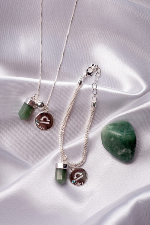 Kit 2 Peças Signo de Libra - Pulseira + Colar Quartzo Verde folheado em prata