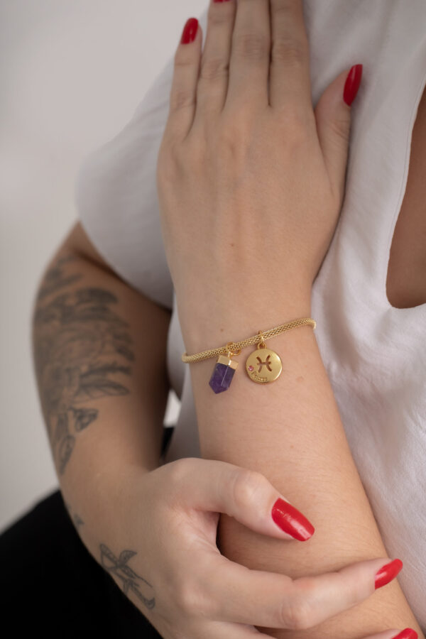 Pulseira folheada em ouro 18k Signo de Peixes - Ametista - Imagem 2