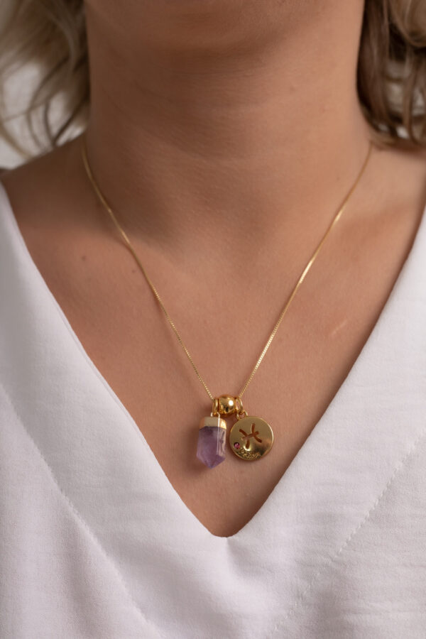 Kit 2 Peças Signo de Peixes - Pulseira + Colar Ametista folheado em ouro 18k - Imagem 4