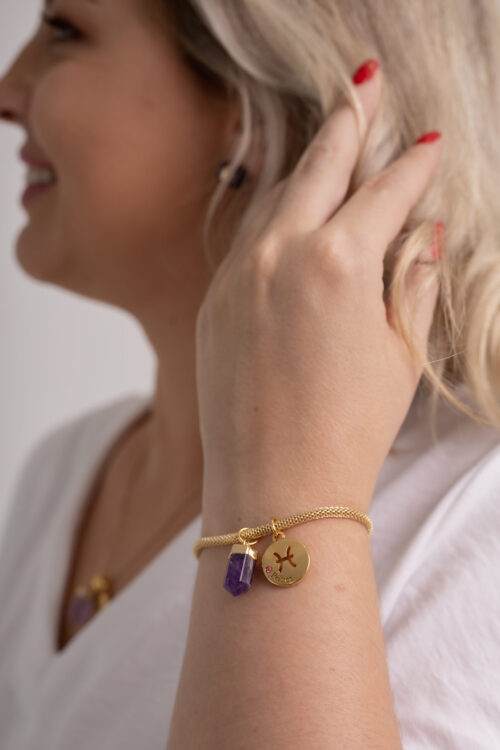 Pulseira folheada em ouro 18k Signo de Peixes - Ametista