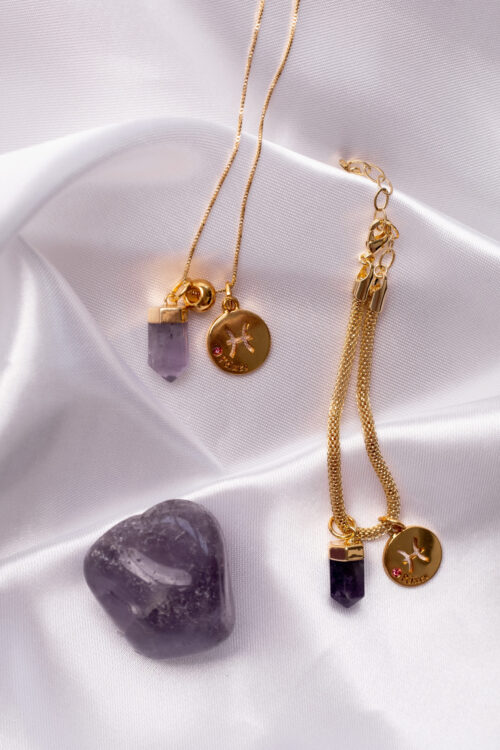 Kit 2 Peças Signo de Peixes - Pulseira + Colar Ametista folheado em ouro 18k