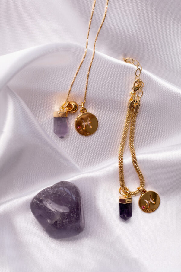 Kit 2 Peças Signo de Peixes - Pulseira + Colar Ametista folheado em ouro 18k