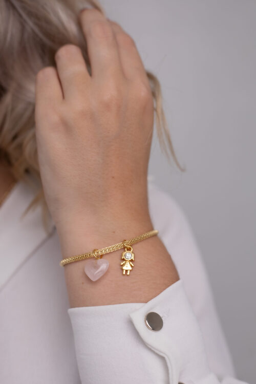 Pulseira Coleção Amor de Mãe Quartzo Rosa + Menina folheado em ouro 18k