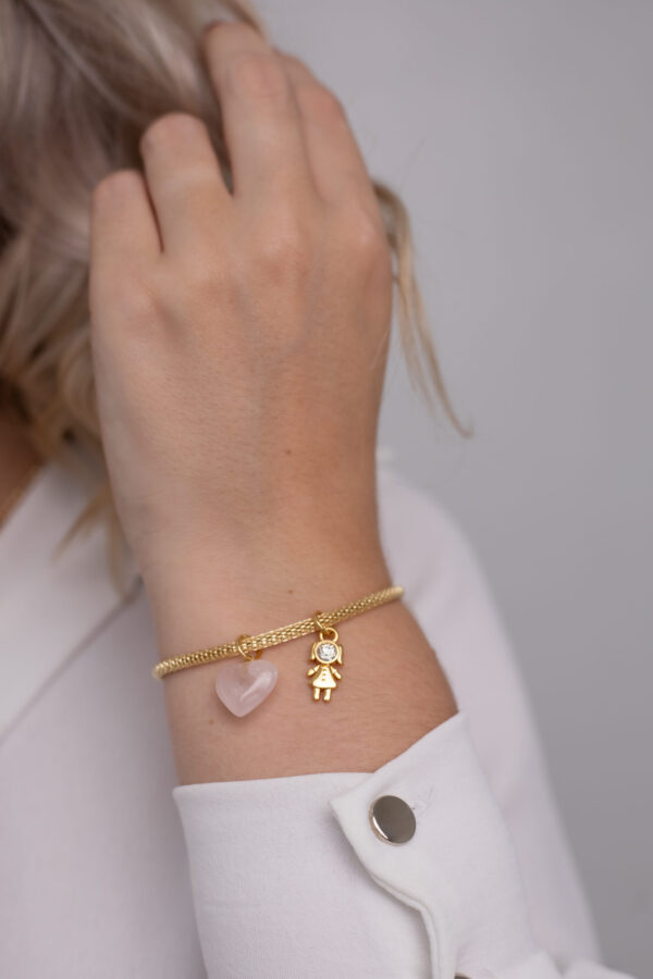 Pulseira Coleção Amor de Mãe Quartzo Rosa + Menina folheado em ouro 18k