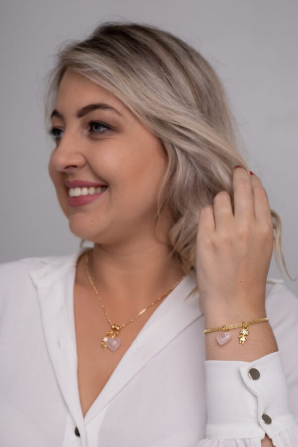 Pulseira Coleção Amor de Mãe Quartzo Rosa + Menina folheado em ouro 18k - Imagem 3