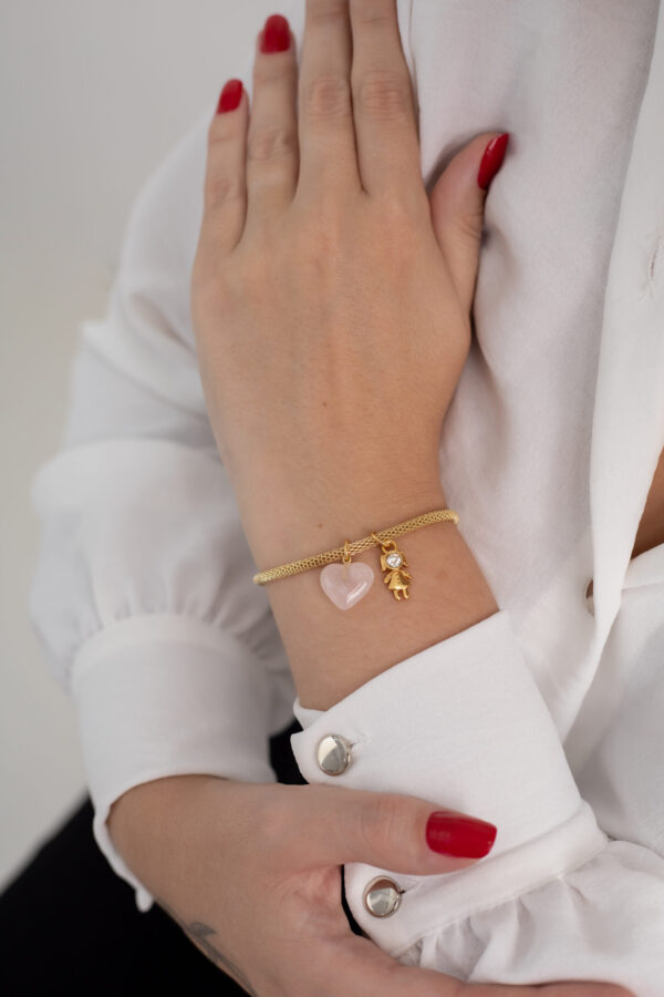 Pulseira Coleção Amor de Mãe Quartzo Rosa + Menina folheado em ouro 18k - Imagem 2