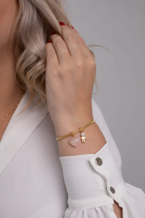 Pulseira Coleção Amor de Mãe Quartzo Rosa + Menino folheado em ouro 18k