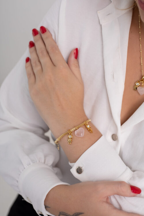 Pulseira Coleção Amor de Mãe Quartzo Rosa + 2 Meninas folheado em ouro 18k