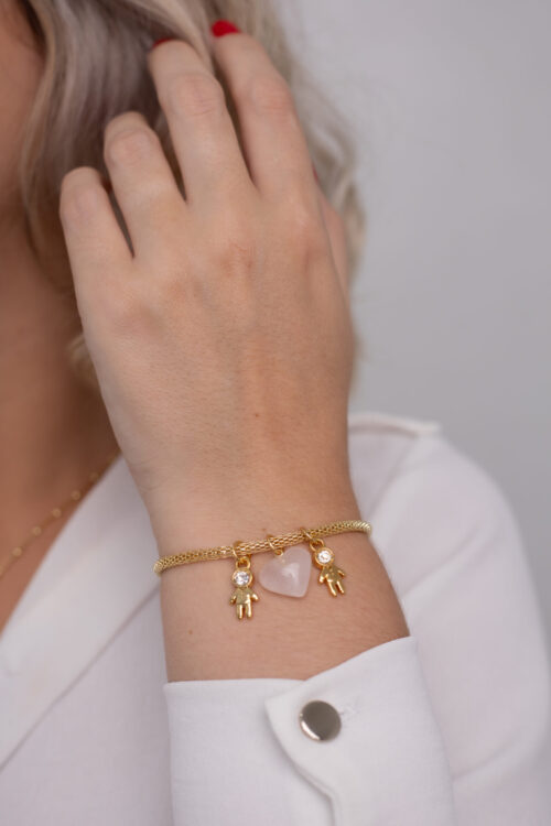 Pulseira Coleção Amor de Mãe Quartzo Rosa + 2 Meninos folheado em ouro 18k