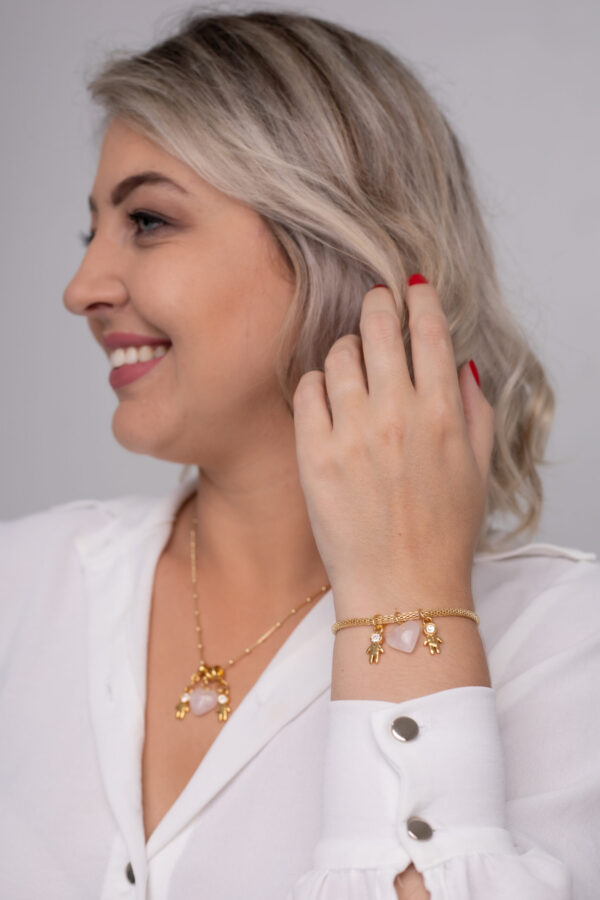 Pulseira Coleção Amor de Mãe Quartzo Rosa + 2 Meninos folheado em ouro 18k - Imagem 3